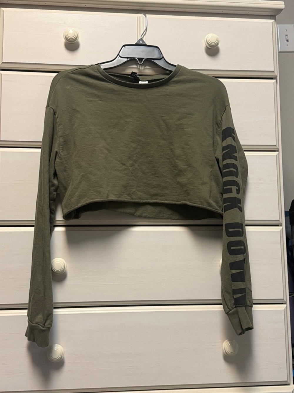Divided Olive Cropped Long Sleeve Sweatshirt with Sleeve Graphic